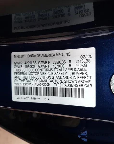 2020 Honda Accord Lx from USA, damaged, VIN 1HGCV1F14LA072209